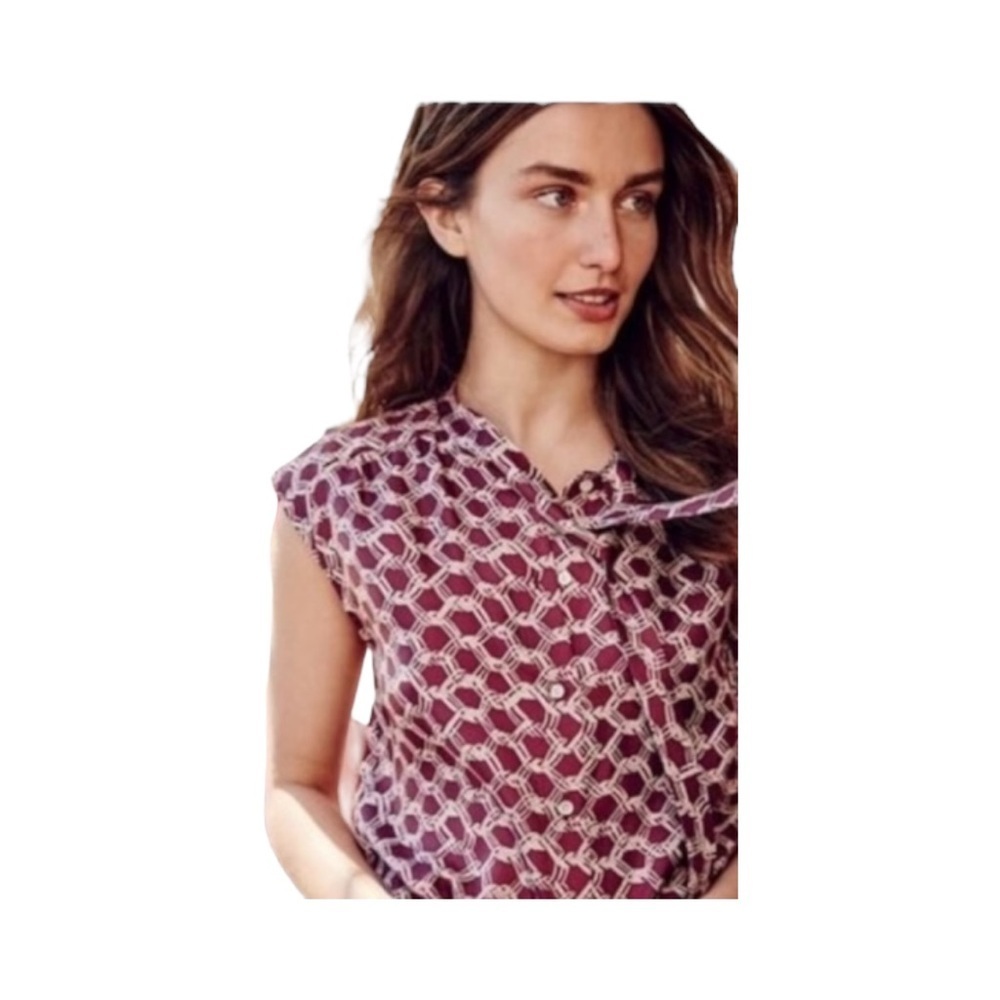 J Crew 100% Silk Button Down Sleeveless Top​​, Maroon with Ivory Print Size Sm